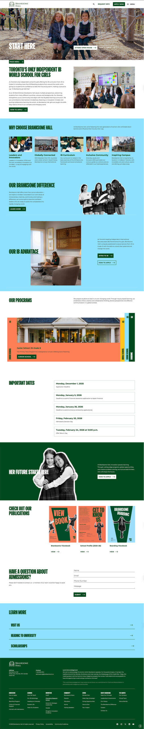 A school website page highlights programs, important dates, and the International Baccalaureate (IB) advantage, featuring NYU partnership details, photos of students, vibrant graphics, information panels, and a navigation menu.