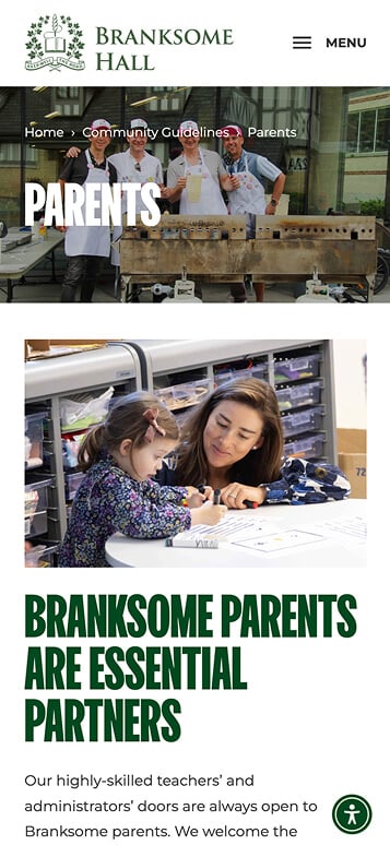 A website page for Branksome Hall shows a smiling adult, an NYU alum, helping a young girl with schoolwork at a table. Text reads: Branksome Parents Are Essential Partners. Menu and navigation options are visible.