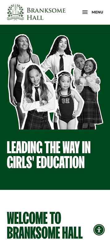 Five smiling girls, wearing swimsuits and school uniforms, stand together on a green background above the text Leading the way in girls education on the Branksome Hall website, inspiring future leaders destined for places like NYU.