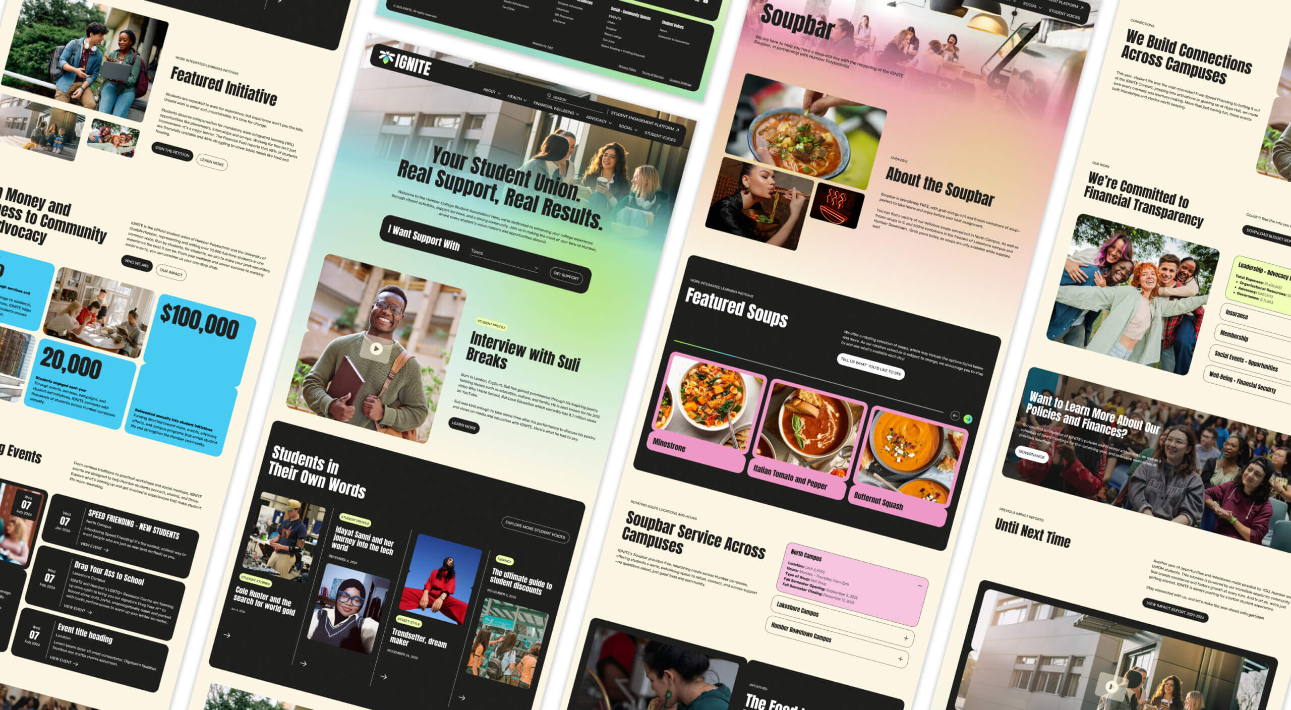 multiple screens from the Ignite Student union website project