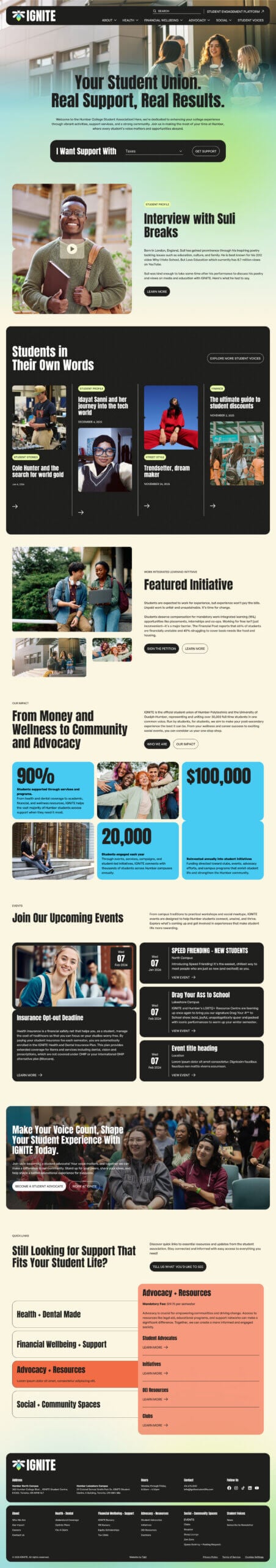 The homepage for Ignite Student Union's website