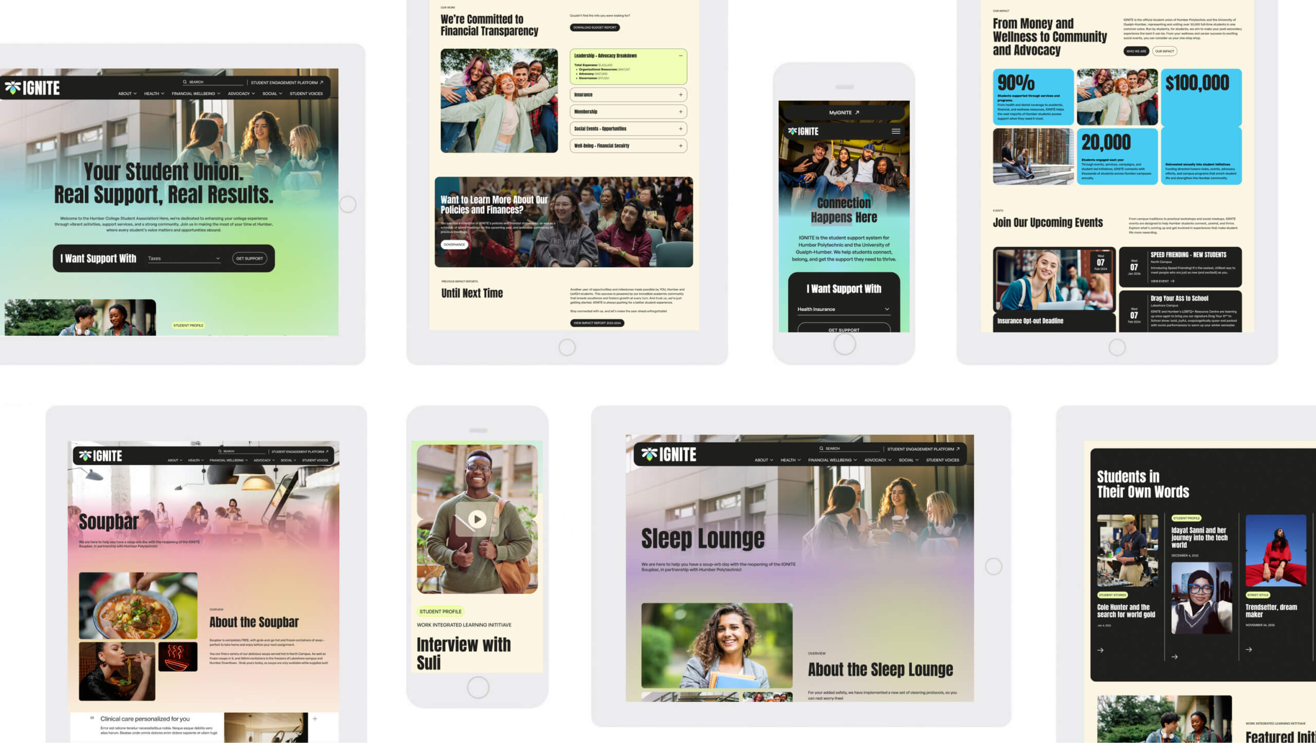 Responsive screens from Humber College Ignite Student Union website
